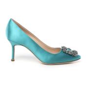 Manolo Blahnik Blå Satin Kristallspänne Klackar Blue, Dam