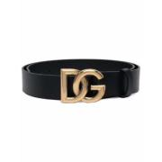 Dolce & Gabbana Svart Kalvskinnbälte med Gyllene Logoplatta Black, Her...