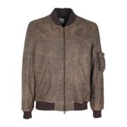 Covert Använd Läder Bomber Zip Jacka Brown, Herr