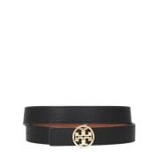 Tory Burch Bälte i kornläder med logospänne Black, Dam