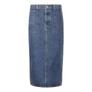 Khaite Denim Midi Kjol med Fickor och Slits Blue, Dam