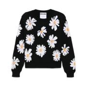 Moschino Svart Crew Neck Tröja med Logo Patch Black, Dam