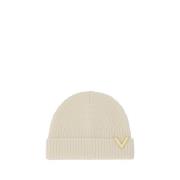 Valentino Garavani Räfflad ullbeanie med logoplakett Beige, Dam