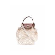 Longchamp Ecru Läderstickad Mesh Crossbody-väska Beige, Dam