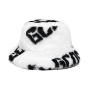 Gcds Faux Fur Bucket Hat med All-Over Logo White, Dam