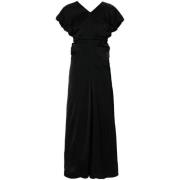 Jil Sander Svart Satin Draperad V-Hals Klänning Black, Dam