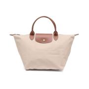 Longchamp Beige Canvas Handväska med Läderkant Beige, Dam