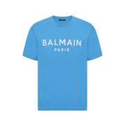 Balmain Bomull T-shirt med ikoniskt tryck Blue, Herr