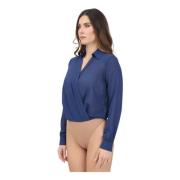 Elisabetta Franchi Blå Draperad Georgette Långärmad Topp Blue, Dam