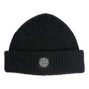 Stone Island Grå Ribbstickad Beanie med Logopatch Black, Herr