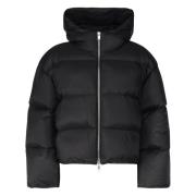 Moncler Svart Vadderad Kappa med Keps Black, Dam