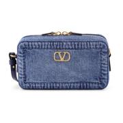 Valentino Garavani Denim Mini Axelväska med VLogo Blue, Dam