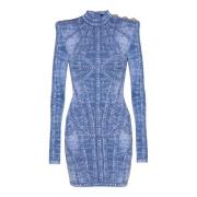 Balmain Kort jacquardstickad klänning med denim effekt Blue, Dam