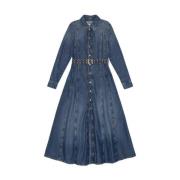 Ganni Vintage Denim Maxi Klänning med Guld Bälte Blue, Dam