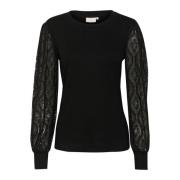 Kaffe Feminin Jerseyblus med Spetsärmar Black, Dam