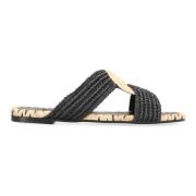 Castañer Raffia Square Toeline Slides Black, Dam