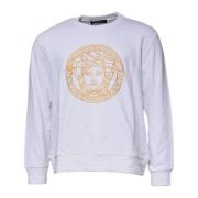 Versace Broderad Crew Neck Pullover Tröja White, Herr