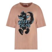 See by Chloé Bomull T-shirt med Ribbad Krage Pink, Dam