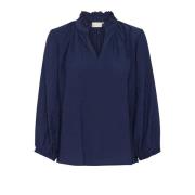 Kaffe Midnight Marine Blus med Volangdetalj Blue, Dam