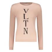 Valentino Garavani Räfflad crew-neck tröja med logodetalj Pink, Dam