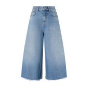 PINKO Denim High-Waisted Flared Shorts med Fransad Kant Blue, Dam