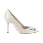 Manolo Blahnik Swarovski Crystal Silk Satin Pumps Gray, Dam