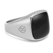 Nialaya Gentlemen's Silver Signet Ring with Black Onyx Gray, Herr