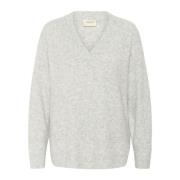 Cream Grå Melange V-Neck Pullover Sweater Gray, Dam