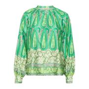 Cream Grön Paisley Border Blus Green, Dam