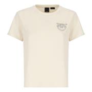 PINKO Ivory Bomull T-shirt med Strass Logo Beige, Dam