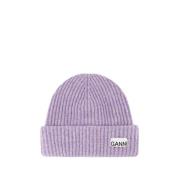 Ganni Lila Ull Rib Beanie Purple, Dam