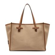 Gianni Chiarini Canvas Shoppingväska med Lärdetaljer Beige, Dam