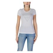 Guess Vit Rhinestone Logo V-Ringad T-Shirt White, Dam