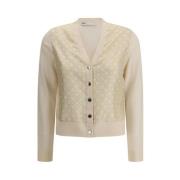 Tory Burch Silke och ull Monogram Cardigan Beige, Dam