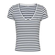 Tommy Jeans Randig V-ringad T-shirt för kvinnor White, Dam