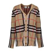 Burberry Rutig Cardigan V-ringning Vintage Print Beige, Dam