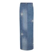 DES PHEMMES Broderad Denim Midi Kjol Blue, Dam