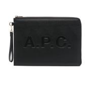 A.P.C. Svart Läderclutch med Präglat Logotyp Black, Dam