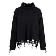 PINKO Räfflad Stickad Turtlenecktröja med Distressed Detaljer Black, D...