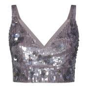 P.A.R.O.S.H. Grå Tulle Paljettbroderad Crop Top Gray, Dam