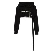 Rick Owens Svart Cropped Huvtröja med Framtryck Black, Dam