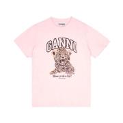 Ganni Leopardmönstrad Avslappnad T-shirt Kritrosa Pink, Dam