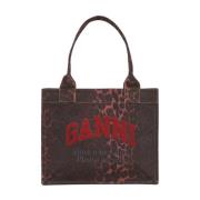 Ganni Röd Leopard Canvas Shopper Väska Multicolor, Dam