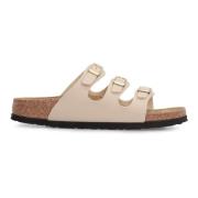 Birkenstock Lädersandaler med Silver Spännen Beige, Dam