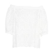 Himon's Vit Broderad Båthalsblus White, Dam