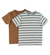 Minymo T-shirt - 2-pack - Vit/GrÃ¶nrandig/Toffee