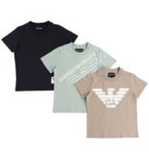 Emporio Armani T-shirt - 3-pack - MarinblÃ¥/Brun/GrÃ¶n m. Tryck