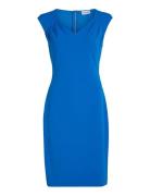 Scuba Crepe V Neck Drape Dress Blue Calvin Klein