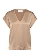 D6Luiza Satin V-Neck Top Beige Dante6