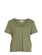 Vinova V-Neck S/S Top-Noos Khaki Vila